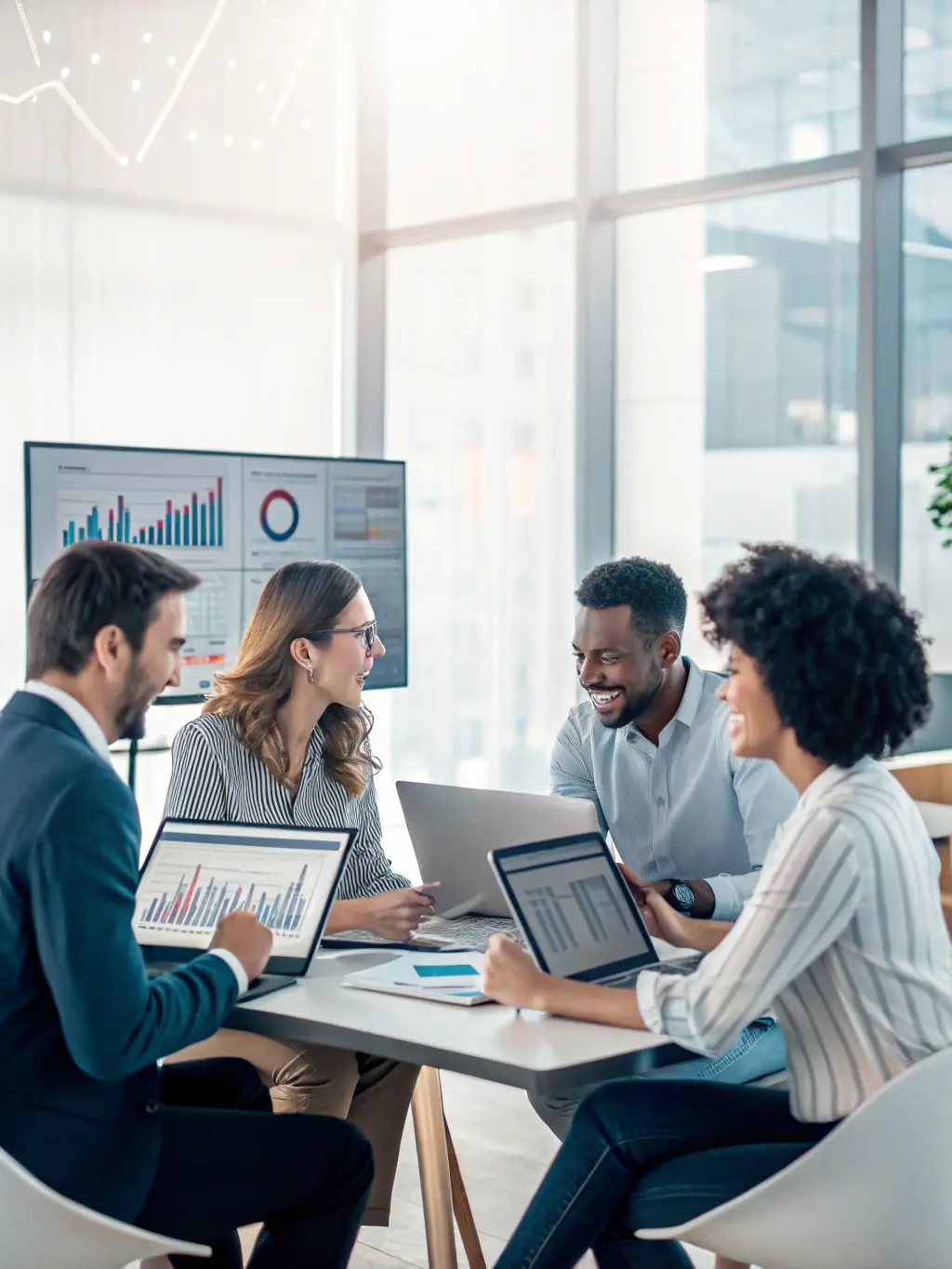 A professional photo of a team collaborating on a digital marketing strategy, showcasing data analytics dashboards and creative brainstorming.