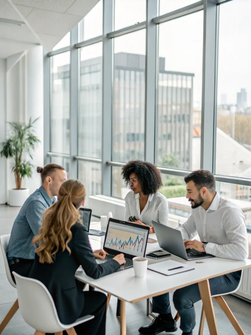 A diverse team of consultants working with clients in a modern office setting, emphasizing collaboration and personalized service.