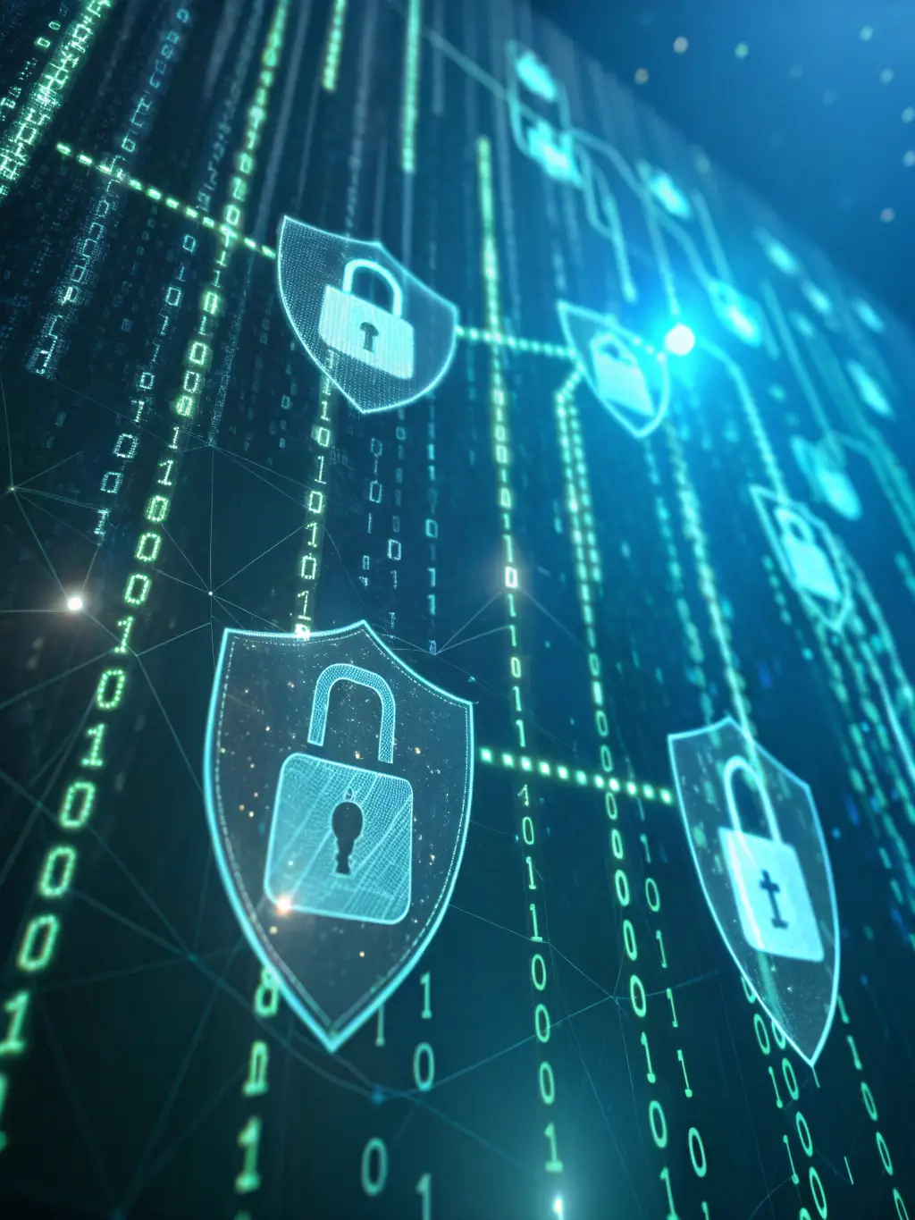 An image depicting a secure network with multiple layers of protection, symbolizing cybersecurity measures and data encryption.