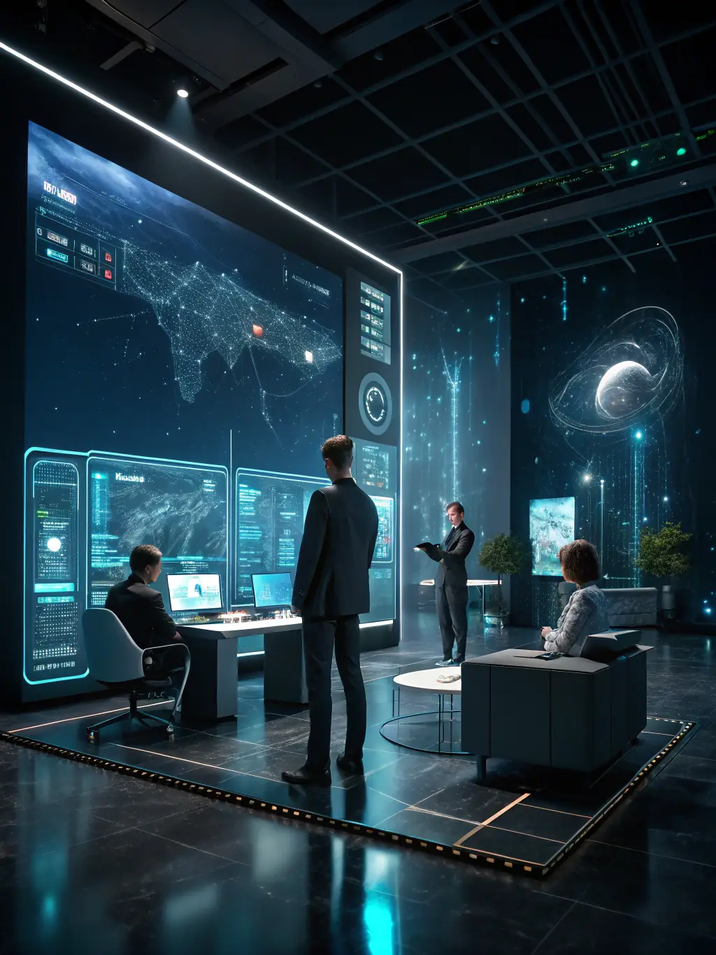 A futuristic image of an AI interface analyzing business data, representing AI-powered insights and automated processes.