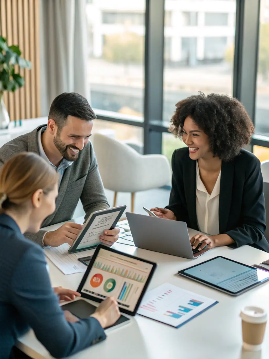 A diverse team of Stack3 consultants collaborating effectively, empowered by the AI receptionist to focus on strategic tasks, illustrating enhanced team productivity.