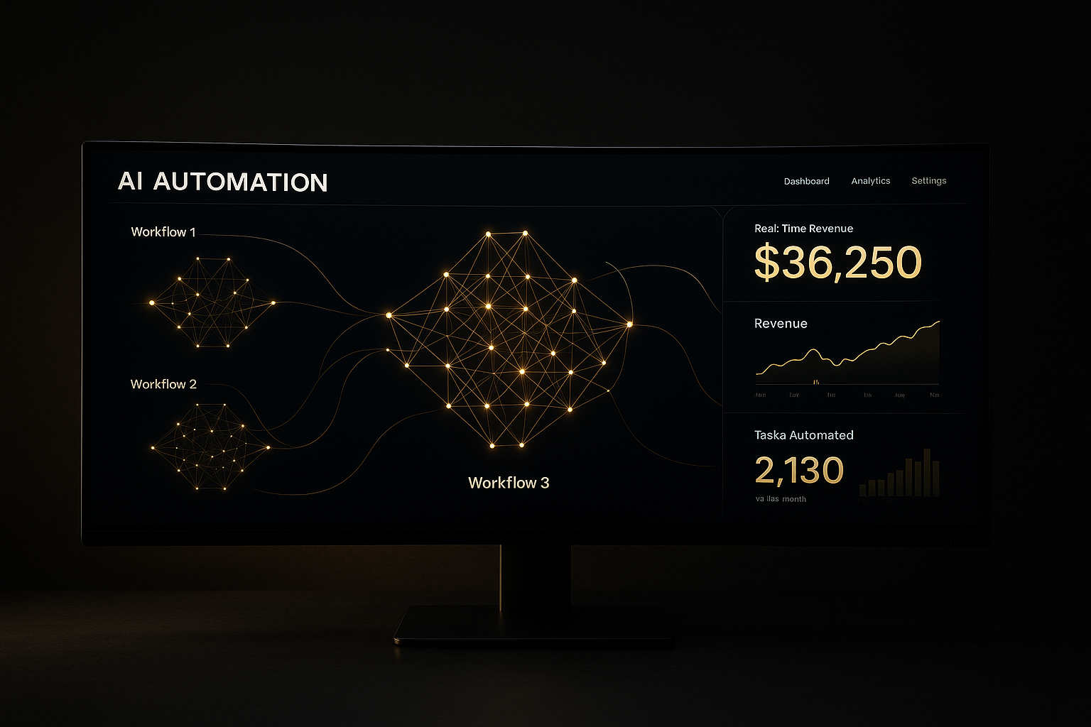 Custom AI systems dashboard showing automated workflows and revenue analytics