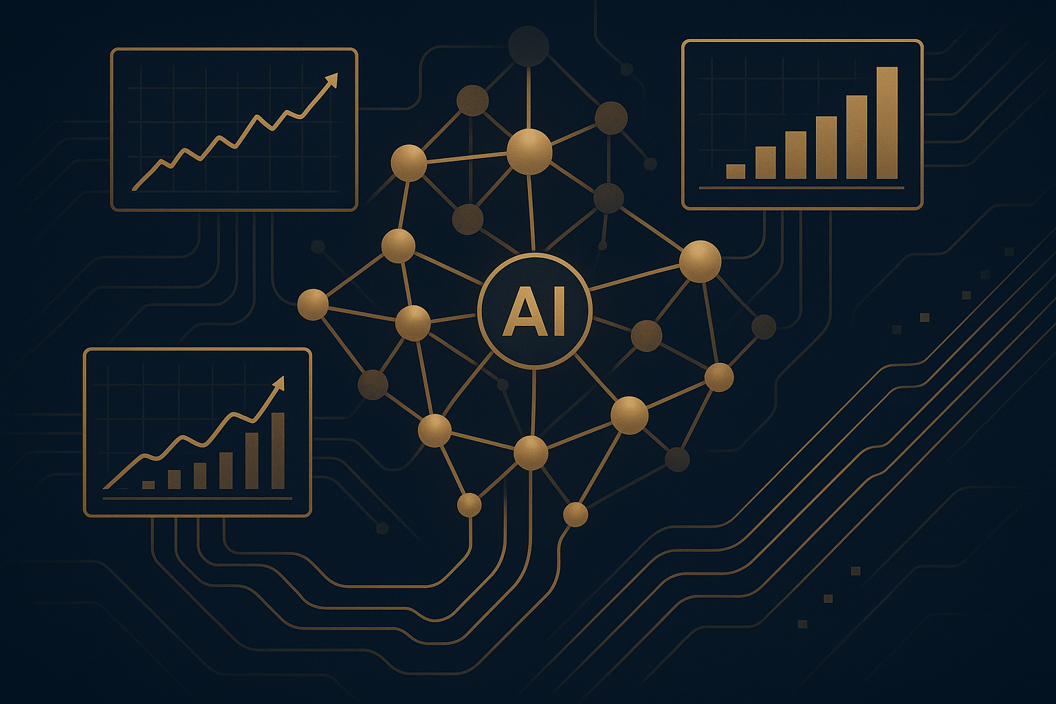 Market intelligence model visualization showing AI-driven data networks and growth analytics
