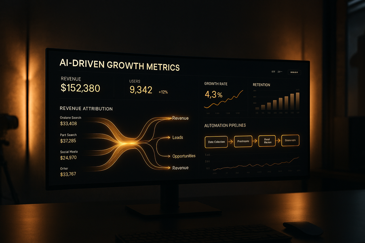 MarketTap AI-driven growth dashboard showing revenue attribution and marketing automation